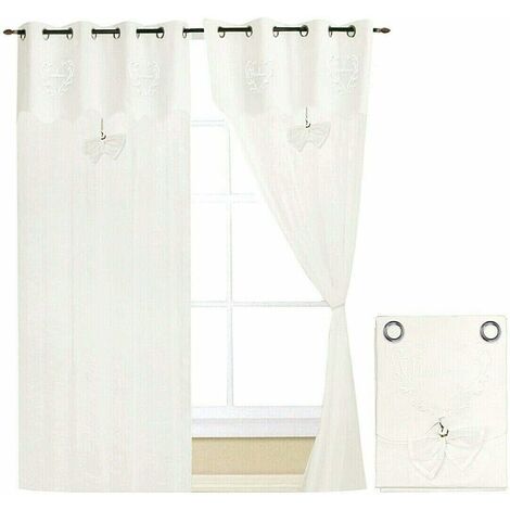 Tende Finestre Porta Interno Tessuto Lino Bianco Coppia 2 Pz più Misure Shabby Chic Fiocco - 140x290 cm