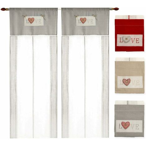 Tenda Finestra Porta Interno Coppia 2 pz Cuore 3D Tessuto Lino  Semitrasparente Love Grigio - 60x150 cm