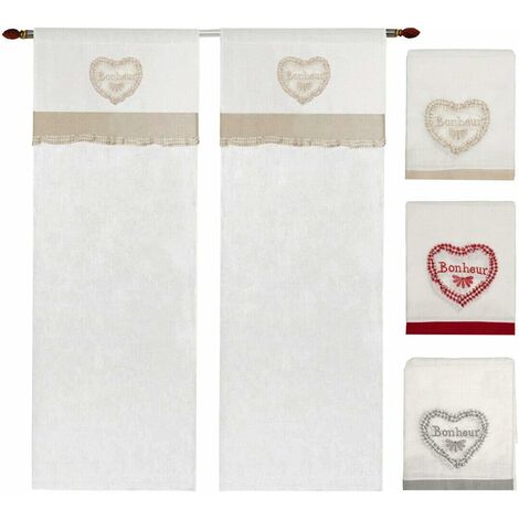 Tende Finestre Porta Interno Tessuto Lino Semitrasparente Coppia 2 Pz  Shabby Chic Cuori - 60x240 cm