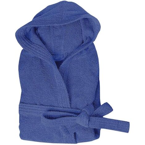Accappatoio Spugna 100% Cotone Tinta Unita Morbido Uomo Donna Cintura Tasche Cappuccio Blu - L