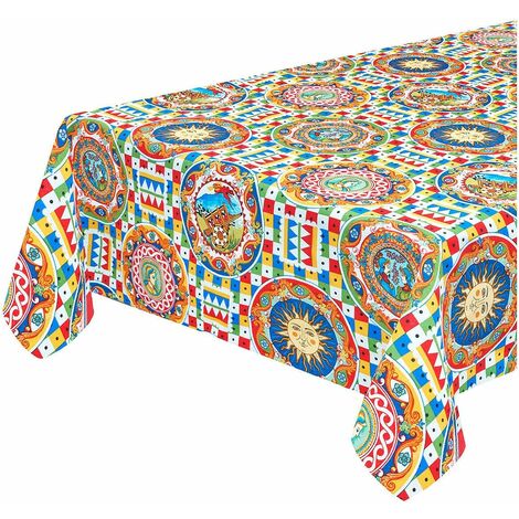 Tovaglia Cucina Cotone Bordata Copritavolo Mosaico Siciliano 100% Made In Italy - 135x230 cm