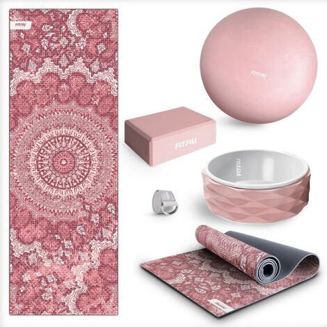 Pack da 5 accessori per yoga KITWELL-500 rosa. Kit di accessori per yoga e pilates tra cui tappetino etnico, palla per pilates, blocco per yoga, ruota per esercizi e cinghia - FITFIU Fitness