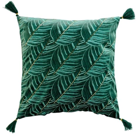 Coussin déhoussable en velours avec pompons et motif feuille de palmier Palmina - Vert - 40 x 40 cm - Livraison gratuite (1/4)