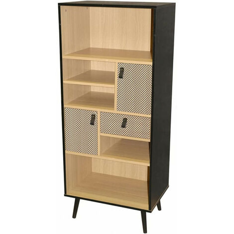 Bibliothèque CHELSEA décorée poignées effet cuir - Bois clair et noir - 60 x 40 x H 140 cm - Livraison gratuite (1/5)