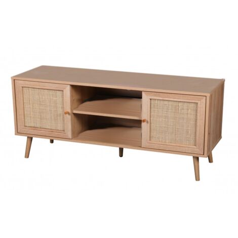 M&S – Meuble TV 2 portes 2 niches 120x39x56,5 cm – Cannage naturel en rotin – Panneaux MDF 15 mm – Design chic rustique (1/10)