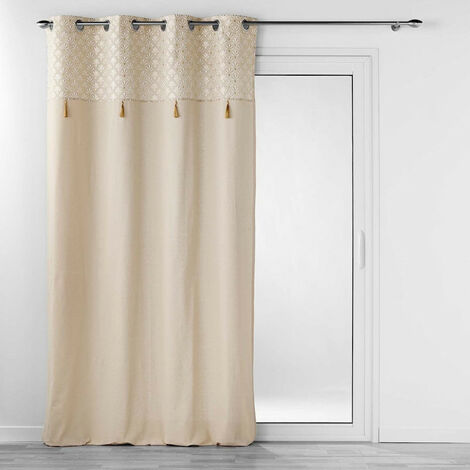 Douceur D'Intérieur – Rideau à oeillets en coton 140 x 240 cm – Imprimé éventails et pompons métallisés – Couleur beige et doré