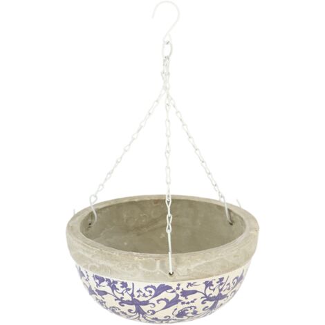 Pot de fleurs suspendu en céramique patiné -Blanc/bleu - L 25,5 x P 25,5 x H 11,8 cm - Livraison gratuite