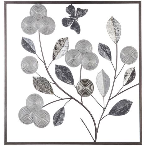 Décoration murale en métal argent 50 x 50 cm – Design arbre et fleurs – Installation facile avec accroches – Atmosphera