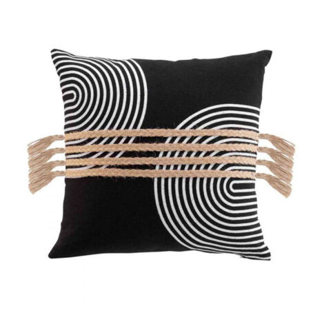 Coussin déhoussable en polycoton avec motif spirales et finition jute et pompons Milazzo - Noir - 40 x 40 cm - Livraison gratuite (1/4)