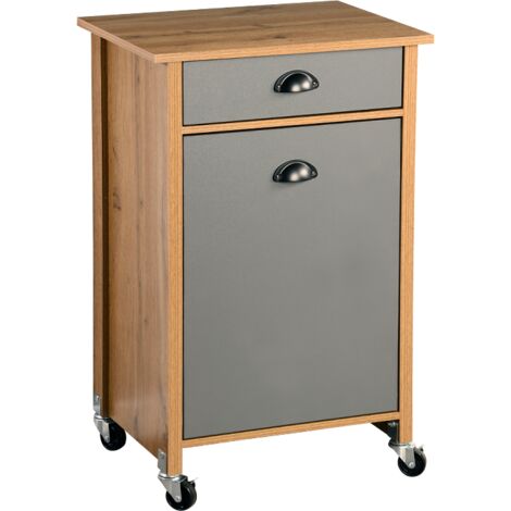 Ac-Deco – Desserte de cuisine en bois aggloméré – Marron gris – H 79 cm – 2 bacs amovibles 15L – 4 roulettes pivotantes dont 2 verrouillables (1/5)