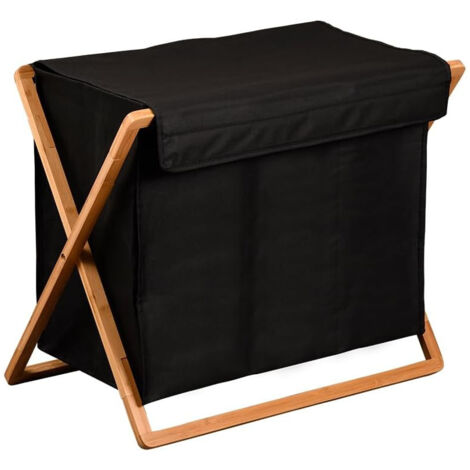 Panier à linge à 3 compartiments en bambou et tissu - Noir/Beige - L 69 x H 56,5 cm - Livraison gratuite (1/4)
