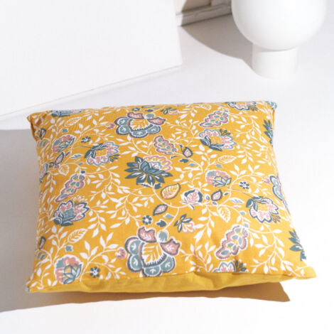 Coussin carré en coton imprimé de fleurs - Jaune - 50 x 50 cm - Livraison gratuite (1/3)