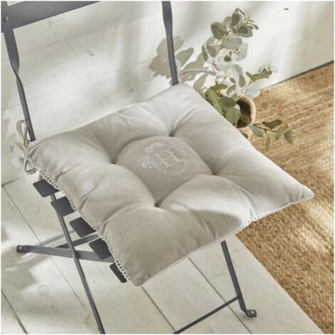 Lot de 4 galettes de chaises carré "Berenice" en coton avec broderie "H" - Beige - 40 x 40 cm - Livraison gratuite (1/5)