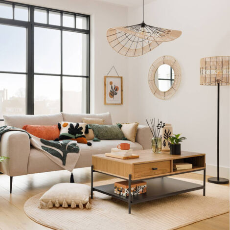 Lampadaire droit en métal avec abat-jour en corde "Cosy" - Noir et Beige - H 150 cm - Livraison gratuite