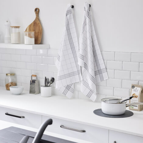 Lot de 2 torchons en coton "Essential" - Blanc et gris - l 50 x L 70 cm - Livraison gratuite