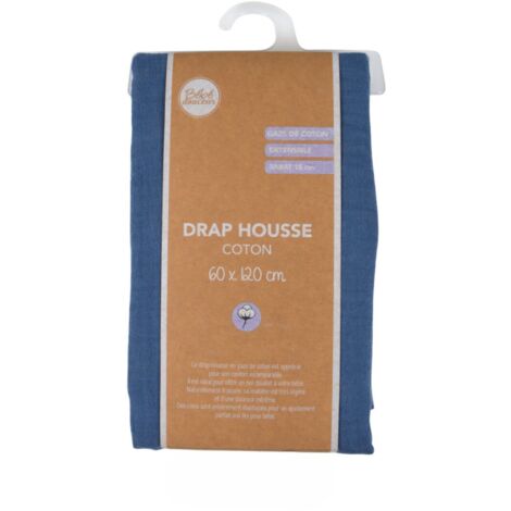 Drap housse en gaze de coton - Bleu foncé - l 60 x L 120 cm - Livraison gratuite (1/5)