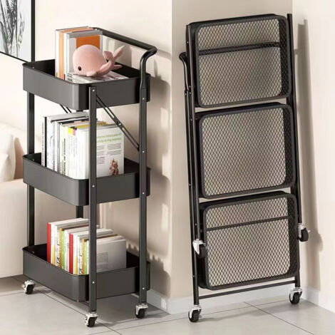 Desserte de cuisine pliante noire 3 niveaux – Acier carboné – H 90 cm x L 40 cm x P 30 cm – Roulettes avec frein pour sol délicat