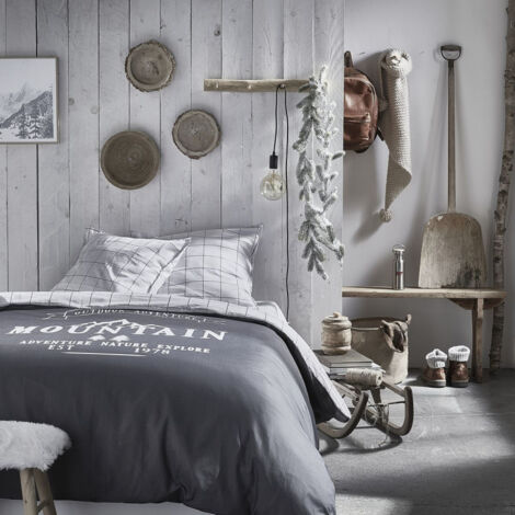 Parure de lit double en coton "Montagne" avec texte - Gris/Blanc - 220 x 240 cm - Livraison gratuite