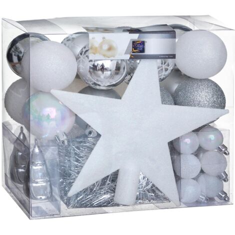 Déco de Sapin de Noël Kit 44 pièces, Boule, Guirlande et Cimier - Argent et Blanc - Feeric Christmas (1/2)