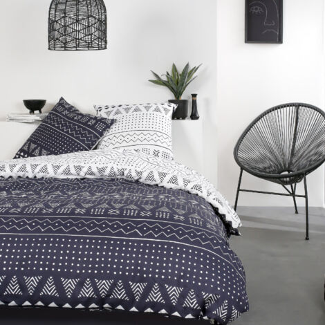 Parure de lit double en coton "Mawira" à motifs ethniques- Bleu/Blanc - 240 x 260 cm - Livraison gratuite