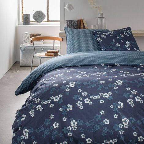 Parure de lit double réversible "Sunshine" en coton imprimé de petites fleurs - Bleu - 240 x 260 cm - Livraison gratuite (1/3)