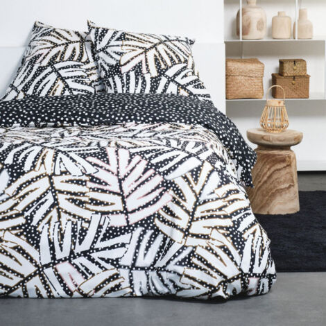 Parure de lit double "Sunshine" en coton imprimé de grandes feuilles - Noir/Blanc - 220 x 240 cm - Livraison gratuite