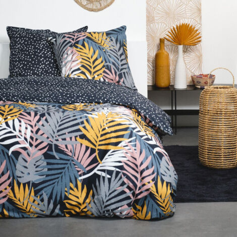 Parure de lit double à imprimé feuillages "Sunshine" - Gris fusain - 220 x 240 cm - Livraison gratuite (1/3)