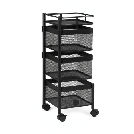 Resserre Métallique Carrée 3 Niveaux à Roulettes Noir Rangement Cuisine/Bureau/Salle de Bain 28 x 28 x H 61 cm - Livraison gratuite