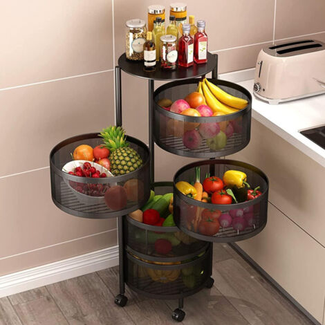 Resserre 5 paniers rotatifs sur roues en acier noir H 90 cm x D 30 cm Etagère de rangement cuisine, salle de bain, bureau - Livraison gratuite (1/5)