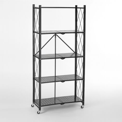 Bibliothèque Métallique Pliable 5 niveaux à Roulettes - Noir Rangement pratique 71,5 x 30,5 x H 163 cm - Livraison gratuite (1/5)