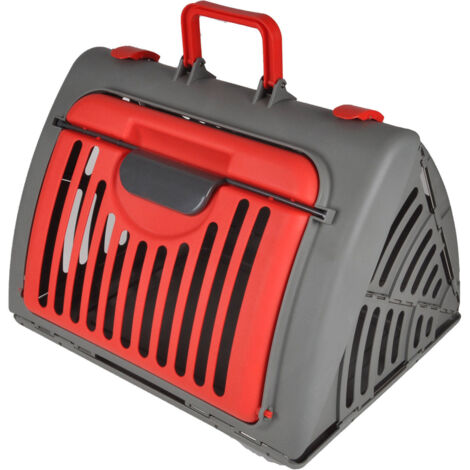 Cage de transport pliable pour chat et petit chien – Plastique haute qualité – 46 x 35 x 33 cm – Couleur anthracite/rouge (1/5)