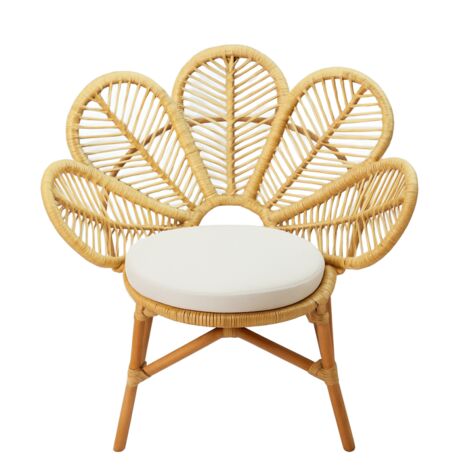 Fauteuil en Rotin Paon avec Coussin Blanc - Chaise pour Extérieur ou Intérieur - D 70 x P 85 x H 90 cm - Livraison gratuite