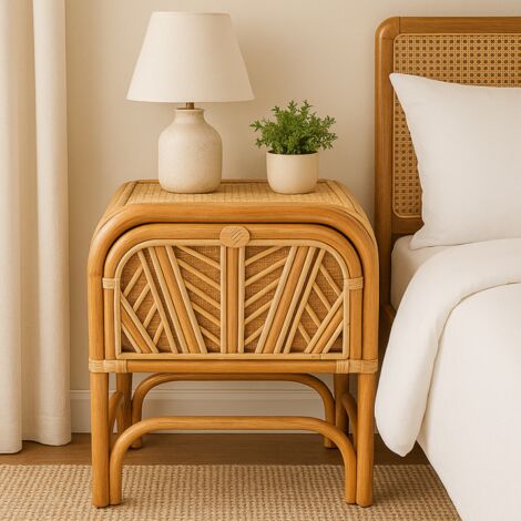 Table de Chevet en Rotin avec Tiroir - Beige - L 46 x l 36 x H 54 cm - Chevet Authentique - Matériaux Naturels - Livraison gratuite