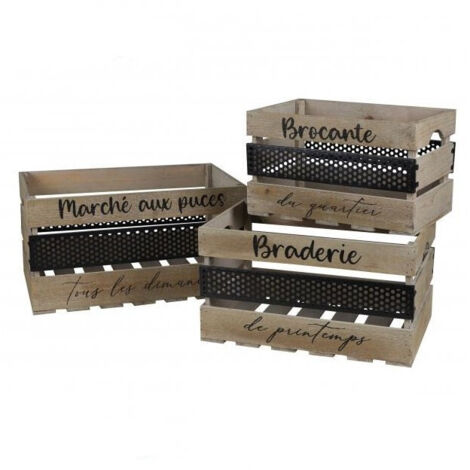 Lot de 3 caisses en bois "Loft & Wood" - Beige/Noir - L 48 x P 33 x H 25 cm - Livraison gratuite (1/3)