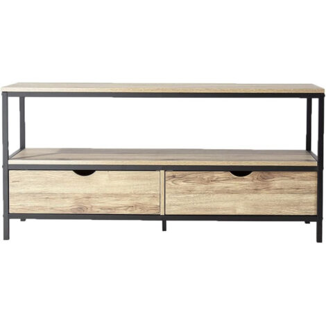 Meuble TV en bois et métal "Loft" avec 2 tiroirs - Noir/beige - L 120 x H 57 x P 39 cm - Livraison gratuite (1/5)