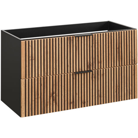 Ac-Deco – Meuble sous vasque simple en MDF 100 x 57 x 46 cm – Panneaux mélaminé chêne Wotan – 2 tiroirs de rangement – Installation murale (1/5)