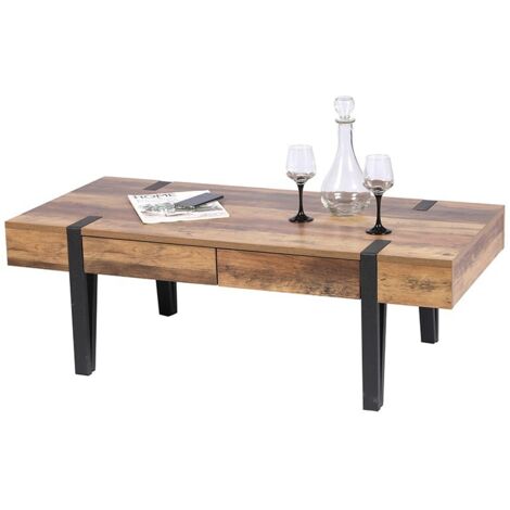 M&S – Table basse fixe 120x55x40 cm en bois MDF et métal noir – 2 tiroirs sans poignée – Design moderne pour salon