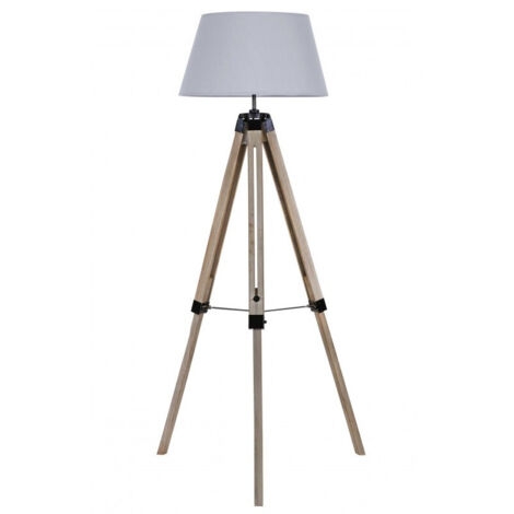 Lampadaire Trépied Bois Abat-jour Gris Clair