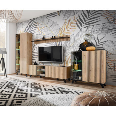 Ensemble de 4 meubles pour salon "Liam" en bois - Beige/noir - Eclairage LED - Livraison gratuite (1/5)