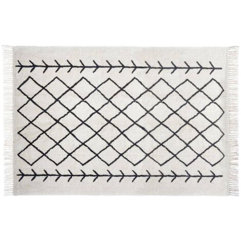 Tapis en coton à franges - Noir et blanc - 120 x 170 cm - Livraison gratuite