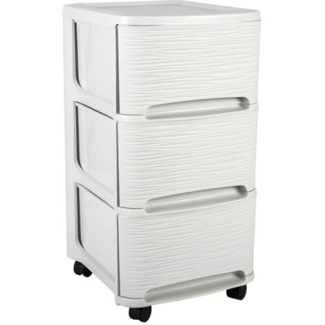 EDA PLASTIQUE TOUR DE RANGEMENT - 3 TIROIRS 14 L DÉCOR STONE AVEC ROULETTES - BLANC CÉRUSÉ - 32 X 37 X 61 CM