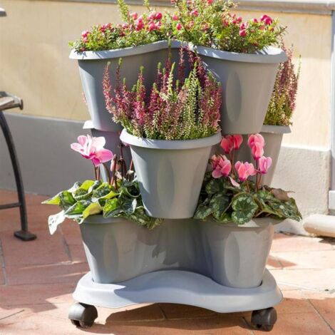 Ensemble de 3 pots de jardin en polypropylène Ø 40 cm x h. 51 cm – Capacité 6 litres – Couleur gris – Soucoupe avec roues pivotantes – Bama - CM 40 X