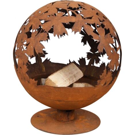 Esschert Design – Brasero rond en métal rouillé – Couvercle décoré de feuilles découpées au laser – Dimensions 55,8 x 58 x 65,2 cm – Poids 11,48 kg