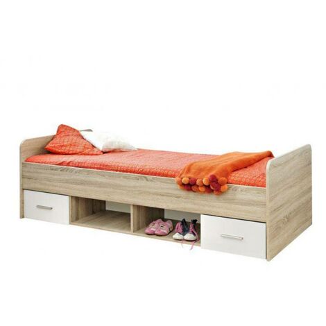 Lit simple Dino avec 2 tiroirs + 2 niches - 90 x 200 cm - Chêne et blanc - Livraison gratuite (1/5)