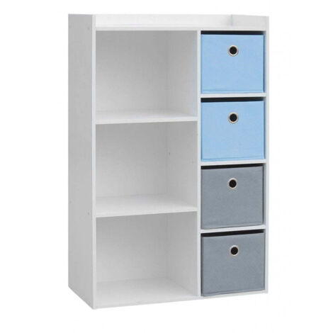 Meuble de rangement chambre enfant en bois MDF blanc – 4 paniers gris et bleu – Dimensions 62x29,5x96 cm – Organisateur jouets et vêtements – Wadiga