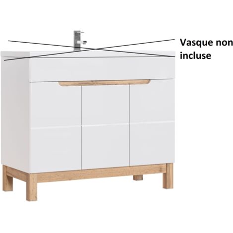 Meuble sous vasque simple 84 cm – Structure en panneaux stratifiés blanc alpin – 3 portes battantes avec étagères – Montage autoportant – Comad (1/5)