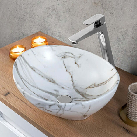 Ac-Deco – Vasque à poser en céramique marbrée blanche – Dimensions L 40,5 x l 33 x H 14 cm – Haute résistance et finition élégante (1/5)