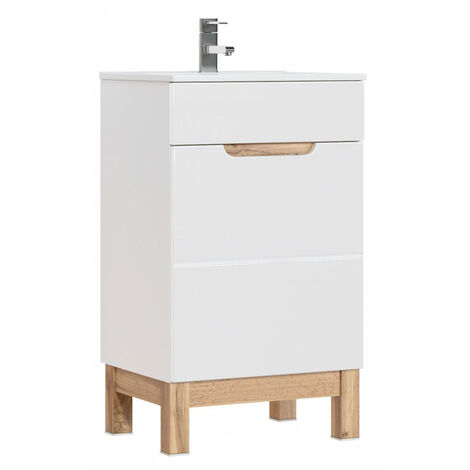 Meuble sous vasque simple 84 cm – Structure en panneaux stratifiés blanc alpin et chêne – Système de fermeture amortie – À monter soi-même – Comad (1/2)