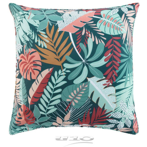 Coussin décoratif imprimé tropical 60 x 60 cm - Finition passepoil - Bleu - Livraison gratuite (1/3)