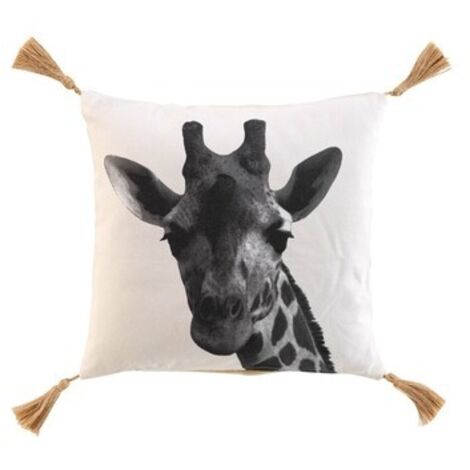 Coussin déhoussable en coton avec pompons et imprimé tête de girafe Columba - Beige - 40 x 40 cm - Livraison gratuite (1/3)